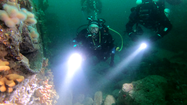 Divers examine boiler on the North Shoal wreck